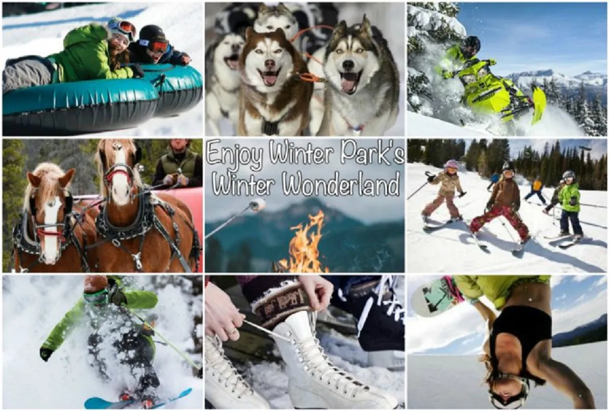 A lively winter scene features people snow tubing, huskies, snowmobiles, horse-drawn sleigh rides, and a warm fire—set against snowy mountains. The energy is joyful and adventurous, inviting guests to picture themselves immersed in exclusive experiences.