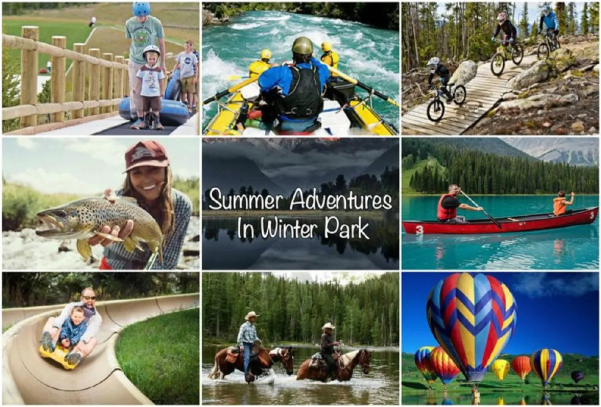 This energetic exterior scene showcases children and families actively participating in a variety of outdoor adventures such as rafting, biking, tubing, kayaking, and even hot air ballooning, all set against natural mountain scenery.